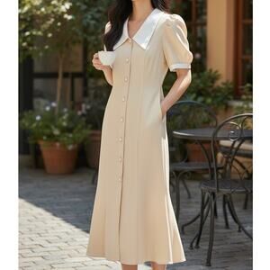 NWT ~ Flowy Beige Midi Dress White Collar Pearl Button Front ~ Women's MEDIUM